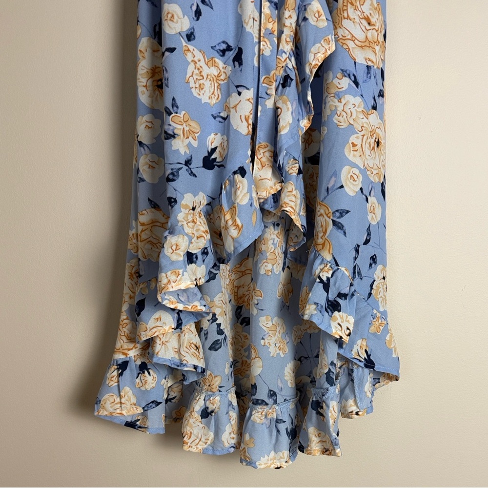 Mi Ami Women's Blue Yellow Floral Wrap Hi Low Midi Dress Size M - Picture 5 of 14